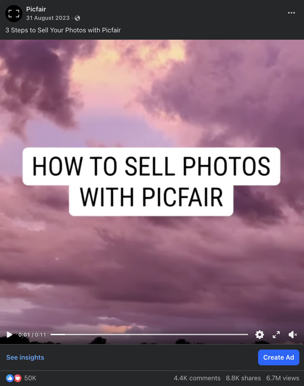 A Meta video ad for Picfair with 6.7M views and 50K reactions